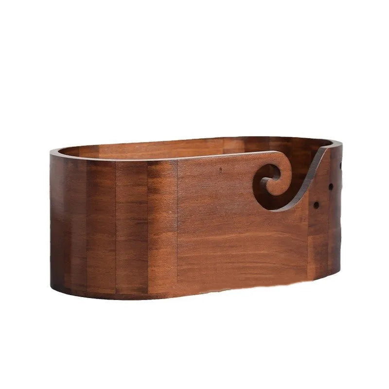 Fashion retro solid wood oval storage box in black walnut colour with lid and double-sided hole, 28.5 cm long