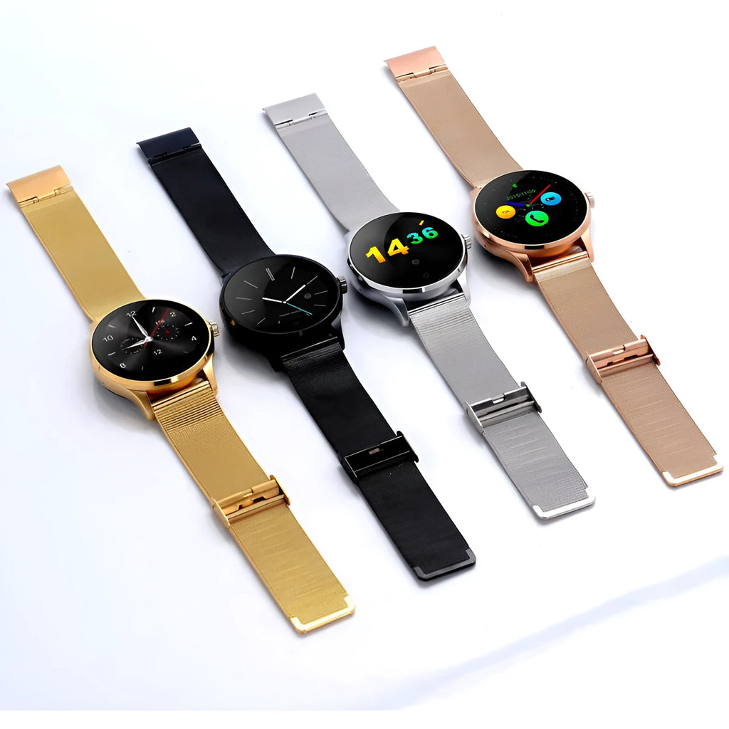 K88H smartwatch with heart rate monitoring on wrist in black case with steel strap