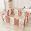 Plastic modular pet isolation fence panels assembled as indoor dog enclosure in white and green colour combination