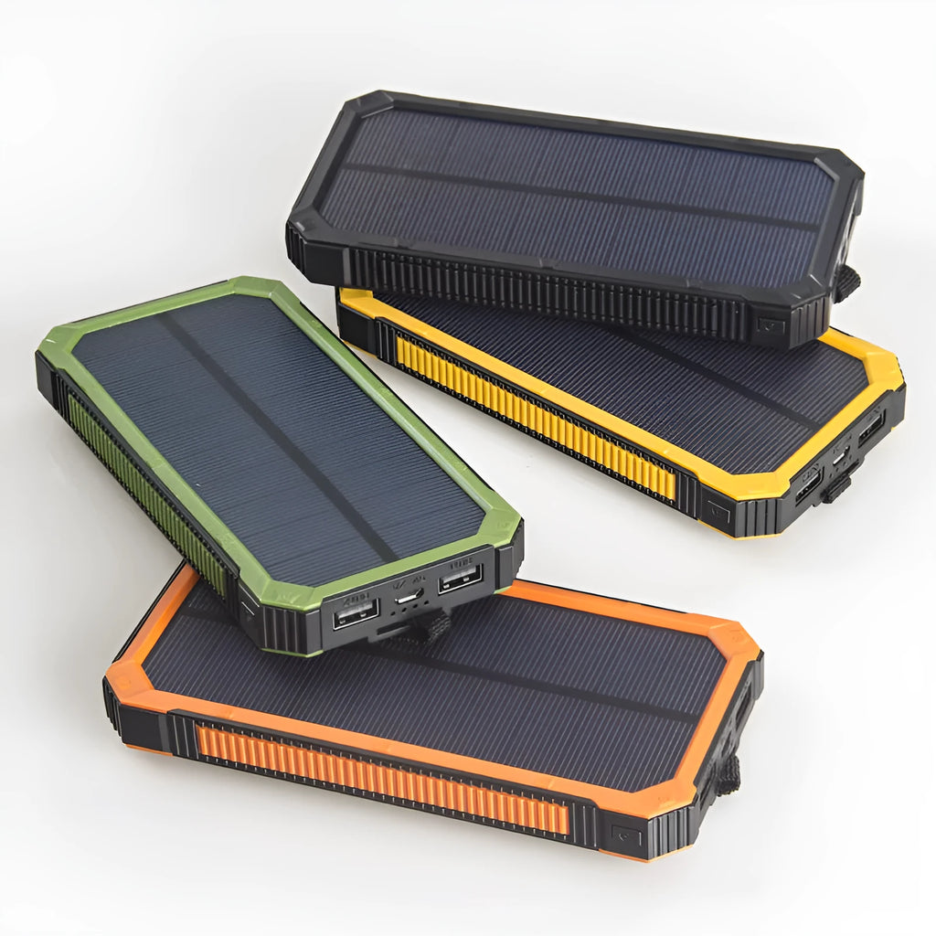 Solar power bank in orange, green, black or yellow with universal charging cable, showing solar panel.