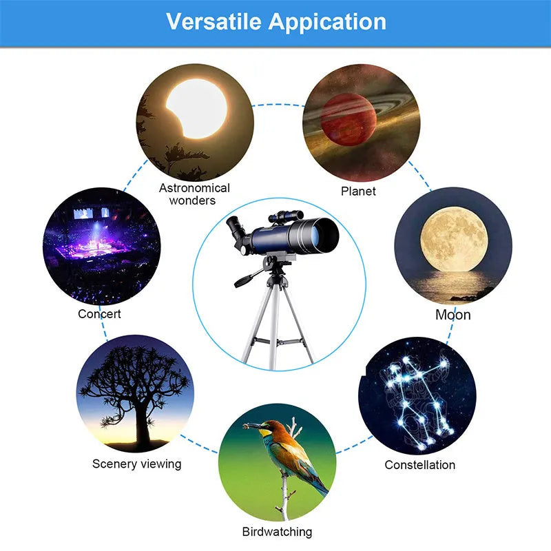 70mm refractor telescope in dark blue with tabletop tripod and finder scope for moon watching