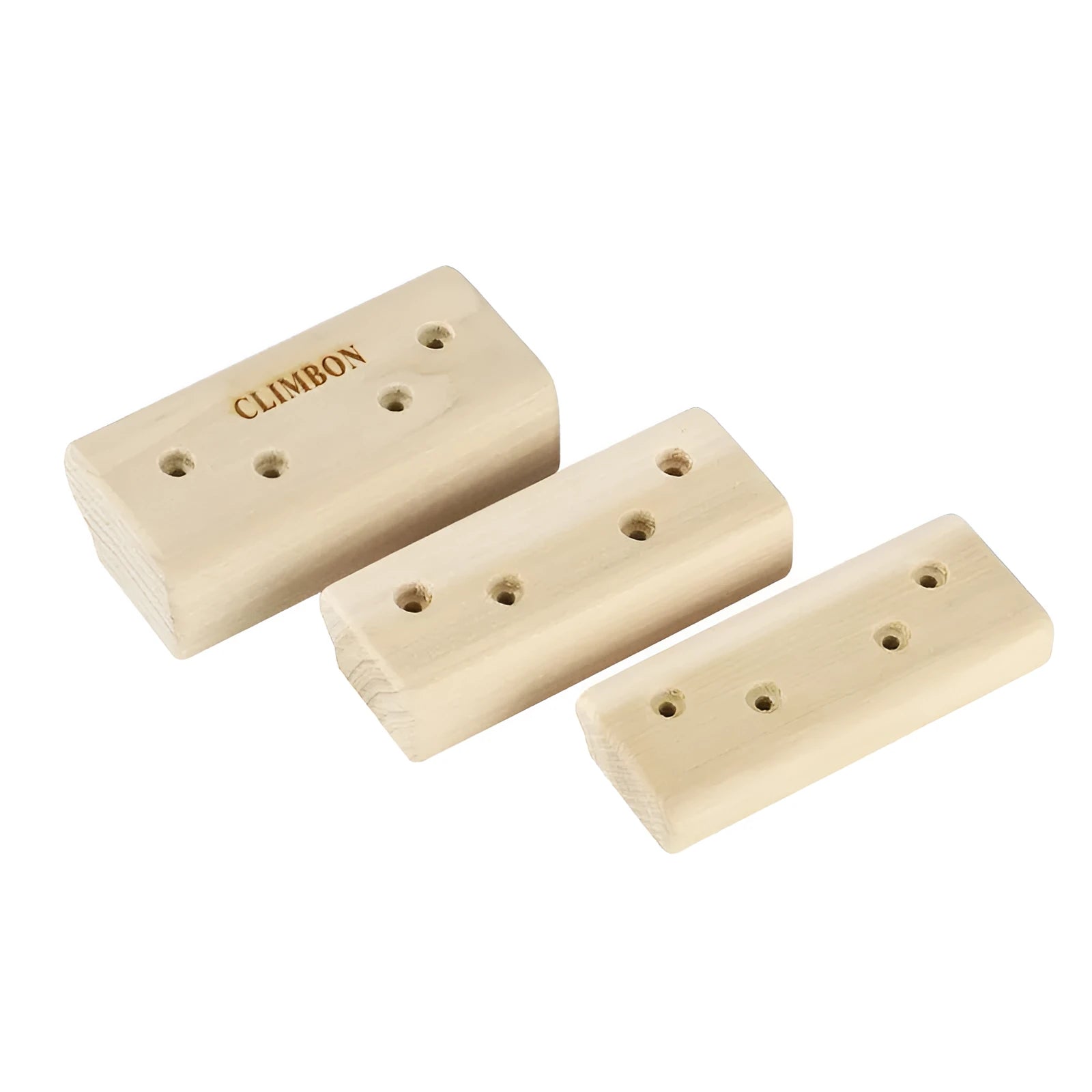 Set of three solid wooden grip strength training finger boards in lengths of 12cm, 40cm, and 50cm.
