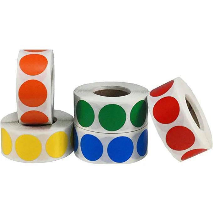 Roll of 500 chroma label colour code point stickers, each 2.5cm, in ten colours with standard permanent glue