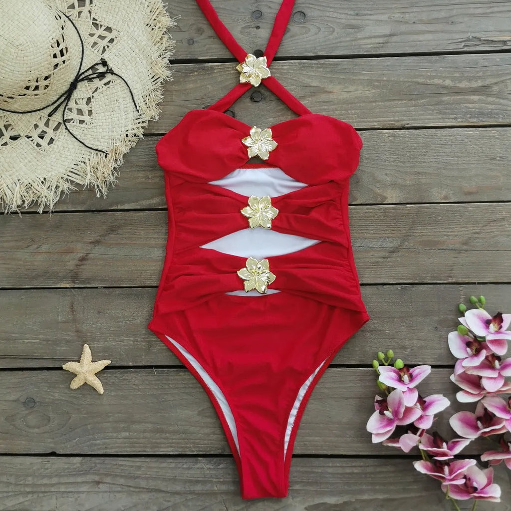 Women's solid colour one-piece swimsuit with high-waisted skirt and hollow-out tube top