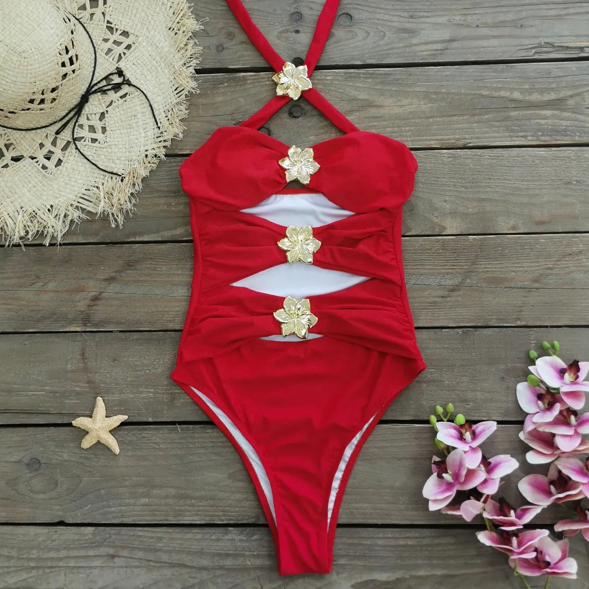 Women's solid colour one-piece swimsuit with high-waisted skirt and hollow-out tube top