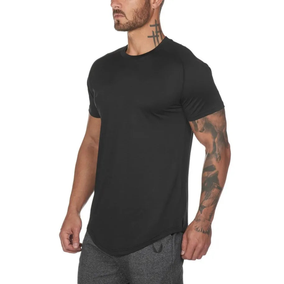 Mens plain cotton-spandex fitness shirt shown in multiple colour options including army green, black, and white.