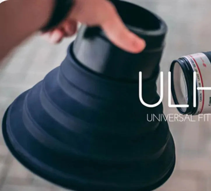 Black conical silicone lens hood shown next to a camera, with dimensions 19cm and 13cm for large and small sizes.