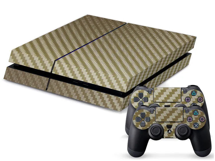 PS4 Carbon Fiber Sticker skin kit in Black, Gold, Grey, and White colour options laid flat.