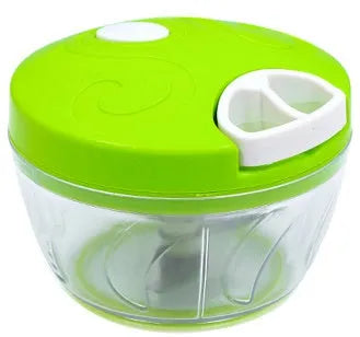 Green manual kitchen chopper with stainless steel blades and a 500ml plastic container.