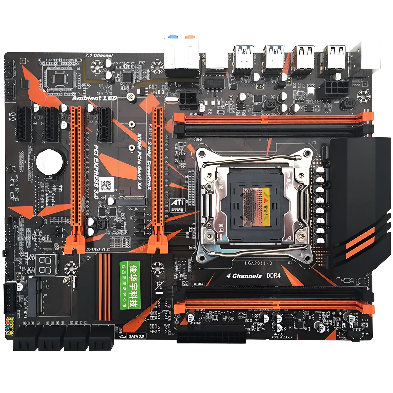 Black X99 desktop motherboard with LGA2011-3 socket, four DDR4 slots, and dual PCIe x16 slots.