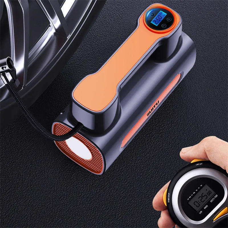 Black portable car tyre inflator with digital LCD screen and USB charging cable on a grey background