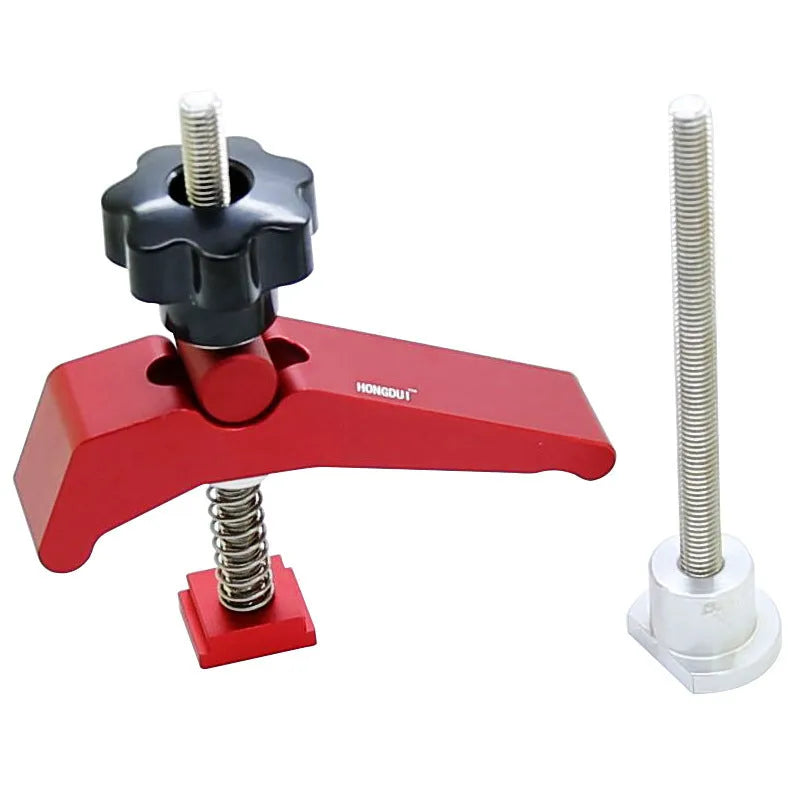 Red aluminium alloy woodworking table block slide holder with flat mouth design on workbench