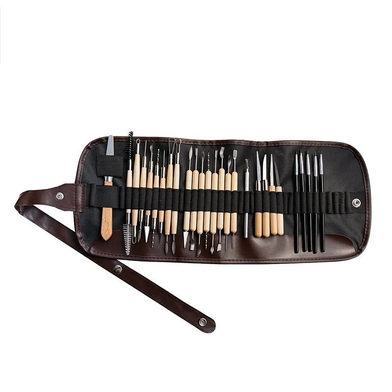 27-piece pottery clay tool set with stainless steel sculpting tools and wood plastic handles