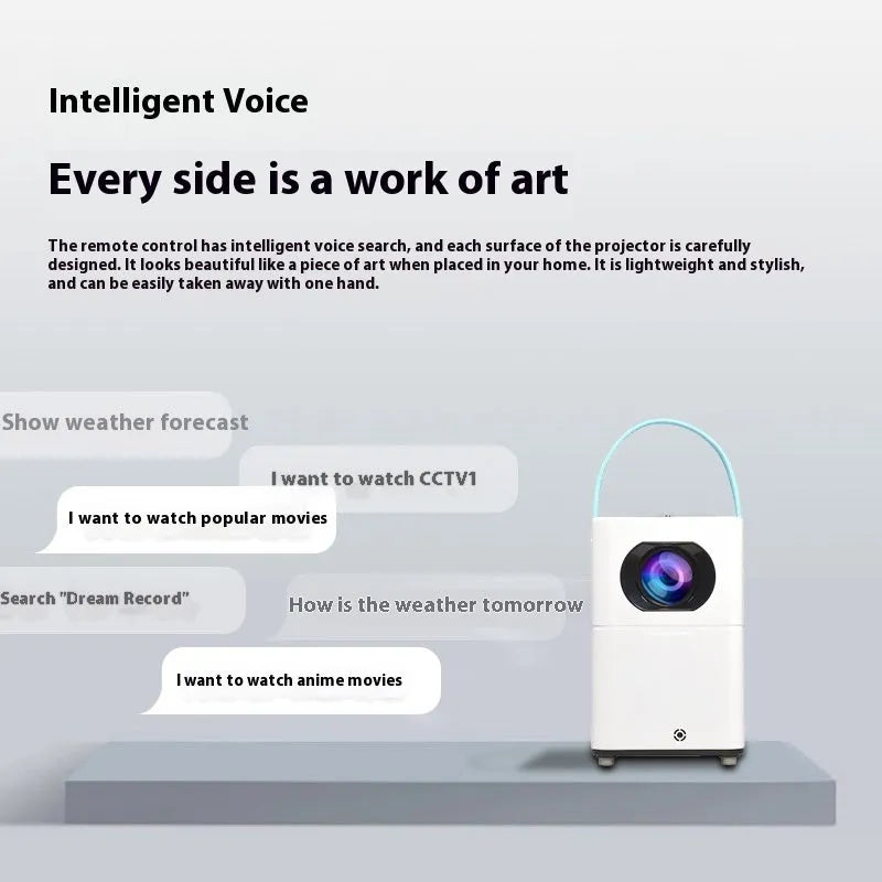 Smart HD home projector with remote control on a wooden table
