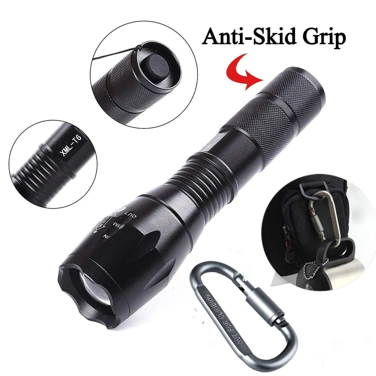 Tactical portable LED flashlight 1000 lumens, Pro-Black finish, aluminium body