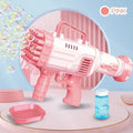 Children's electric bubble gatling gun toy with 32-hole barrel and LED lights in cherry pink colour.