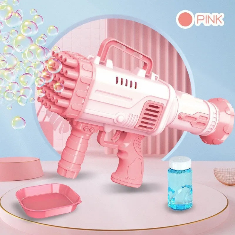 Children's electric bubble gatling gun toy with 32-hole barrel and LED lights in cherry pink colour.