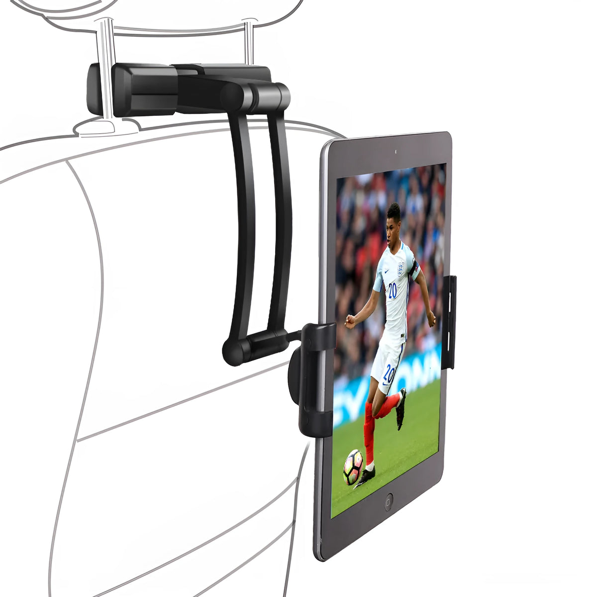 Universal car phone holder for back seat headrest with large collet, in black or black and red, for devices over 5 inches