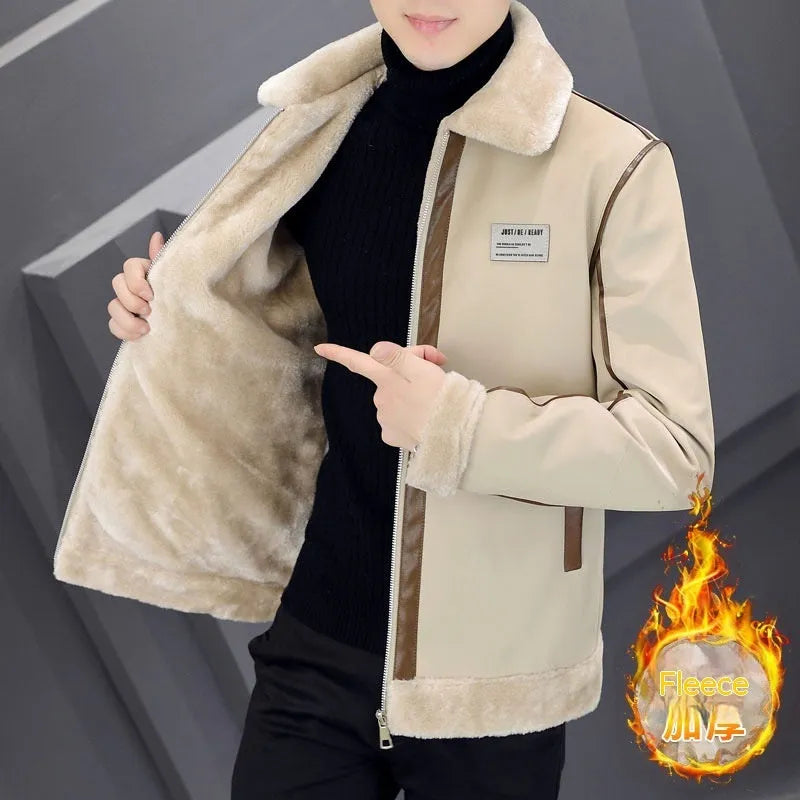 Men's corduroy padded coat with rabbit fur lining, dark brown colour, on display