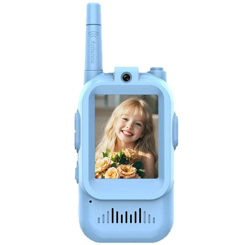 Two mini video wireless walkie talkies for kids in pink and blue with 2.0-inch IPS display and Type-C charging