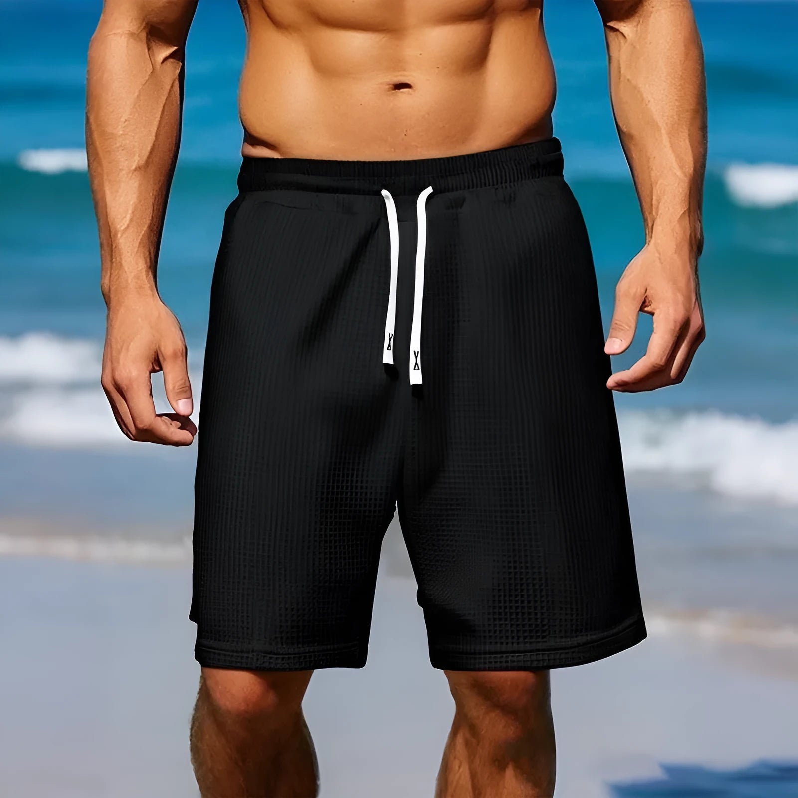 Men's quick-dry solid colour casual shorts in loose fit polyester, shown in navy blue