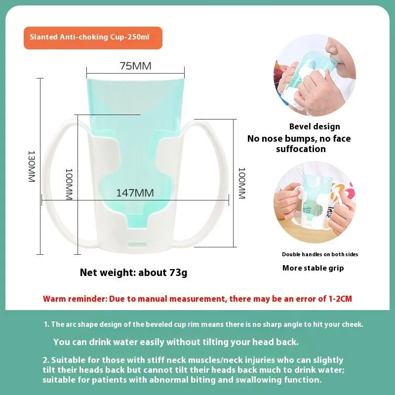 Oblique mouth choke proof drinking cup with optional wrist splint for elderly and pregnant women bed use