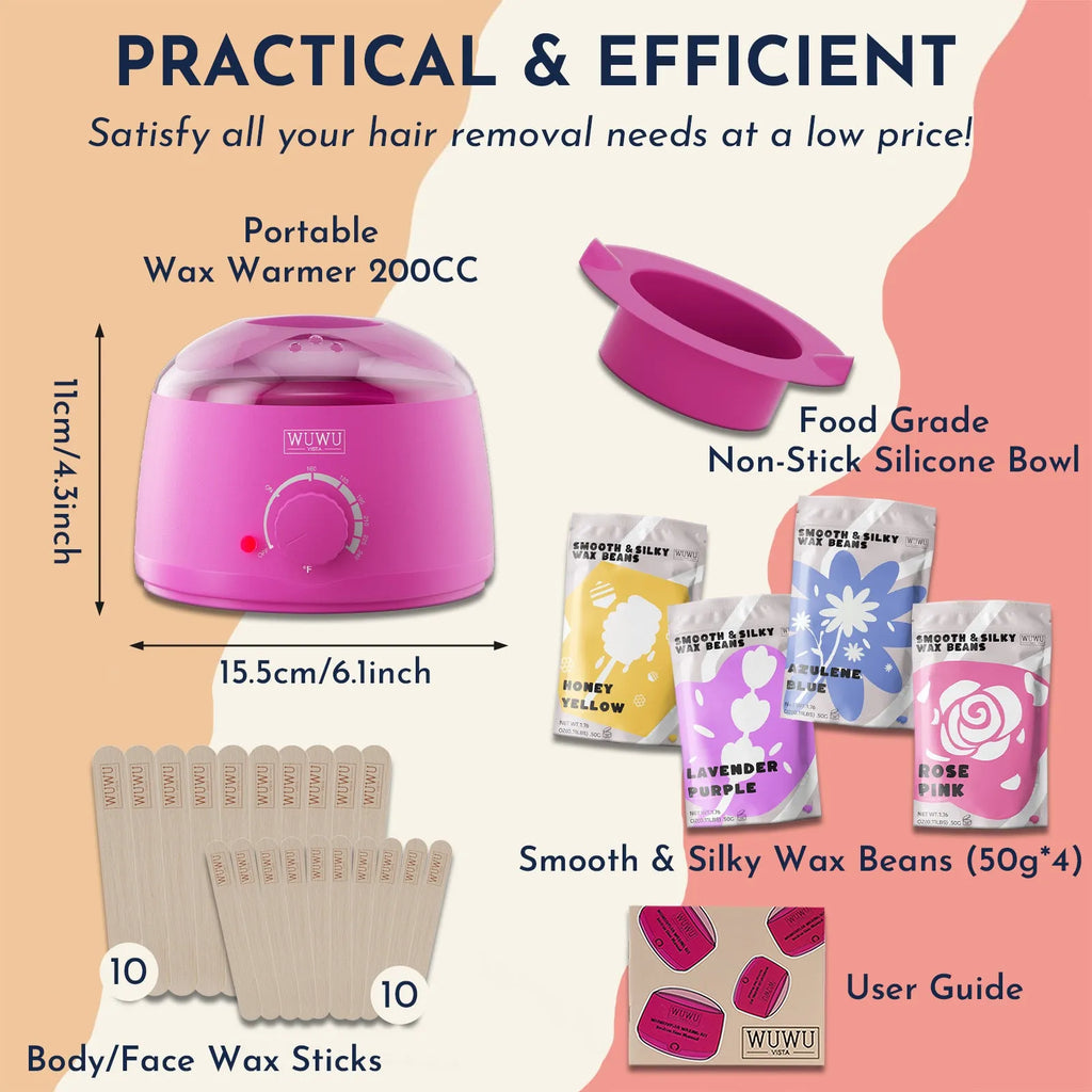 WUWUVISTA 27-piece hypoallergenic wax kit with machine, wax beads, sticks, and guidebook in black or pink.