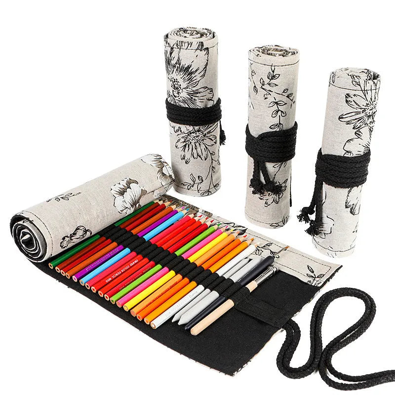 Black peony printed canvas pencil roll bag with 24 or 72 holes for pencil organisation
