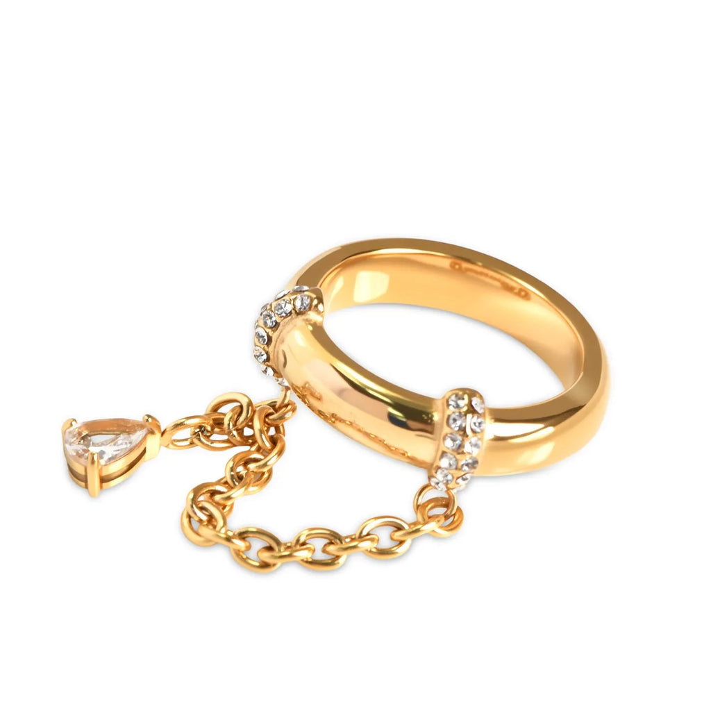 Gold rhinestone-encrusted chain ring for women, 304 stainless steel, geometric shape, sizes No 6 No 7 No 8
