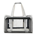 Outdoor portable pet bag in beige with transparent window and mesh sides on a white background