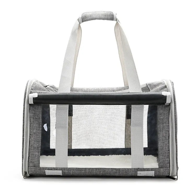 Outdoor portable pet bag in beige with transparent window and mesh sides on a white background
