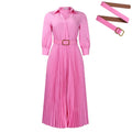 Women's mid-length pleated dress with polo collar and three-quarter sleeves in a solid colour with a belt.