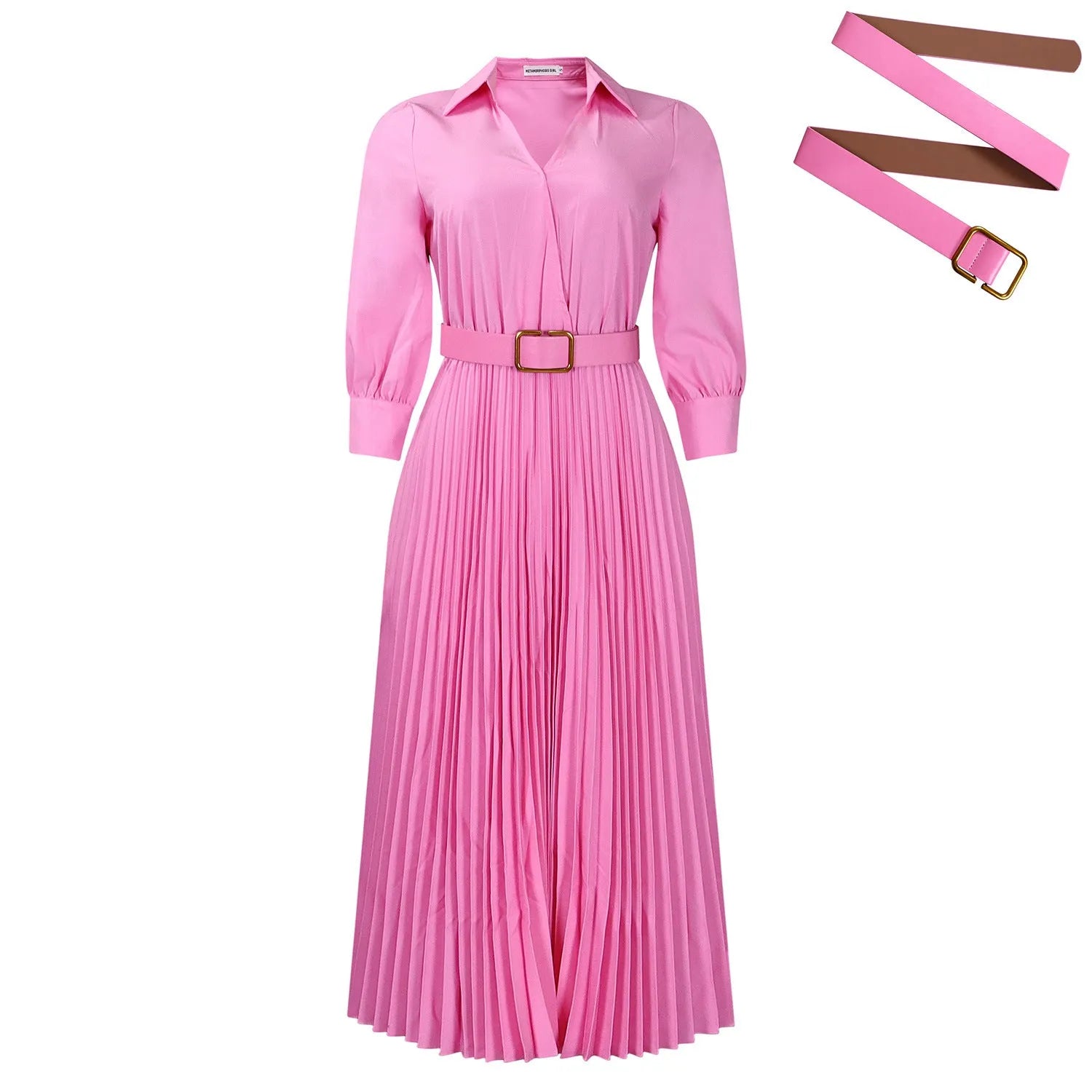 Women's mid-length pleated dress with polo collar and three-quarter sleeves in a solid colour with a belt.