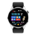 Smart watch with round colour touchscreen on a black silicone strap, showing call interface.