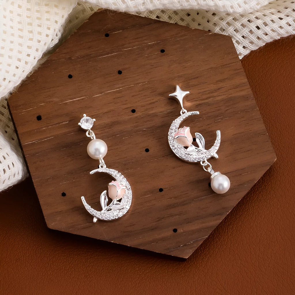 Gentle temperament rose flower earrings for women with imitation pearl and electroplated finish in SB0452 rose colour