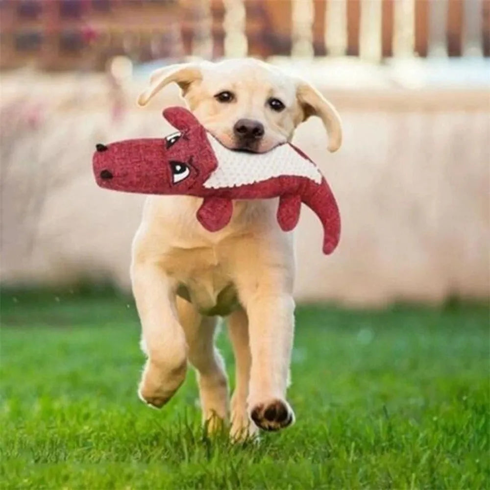 Plush squeaky dog chew toy, 29cm long, linen and PP cotton, blue red green
