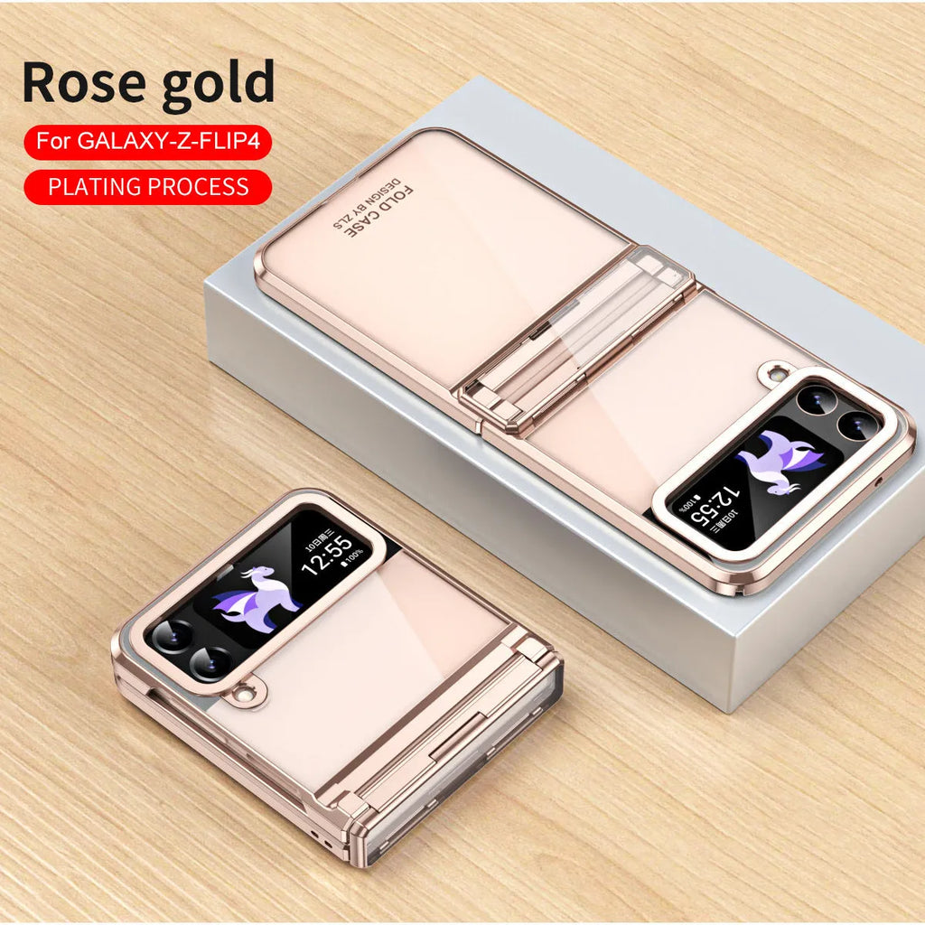 Samsung Z Flip 4 Z Flip 5 foldable PC phone case with transparent back and electroplated hinge in Black Phantom colour