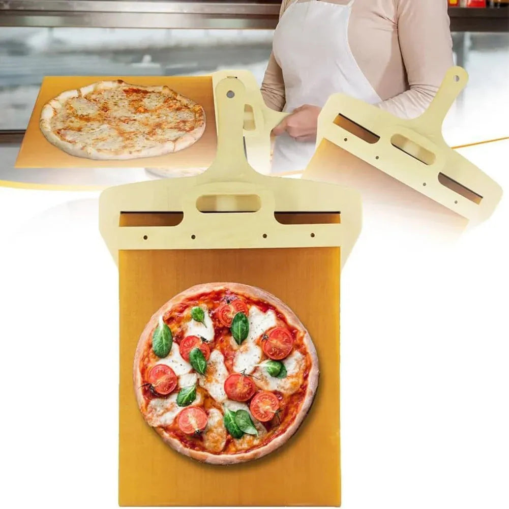 Wooden pizza shovel with cutting board surface and hanging hole at handle