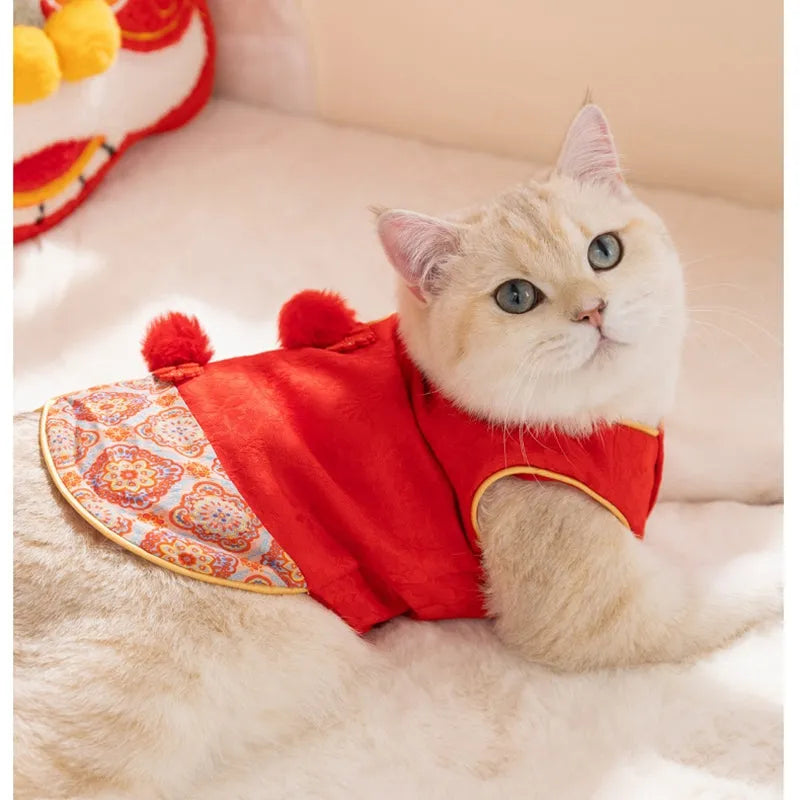 Red Tang suit plum blossom pattern button-up vest for small dog or cat