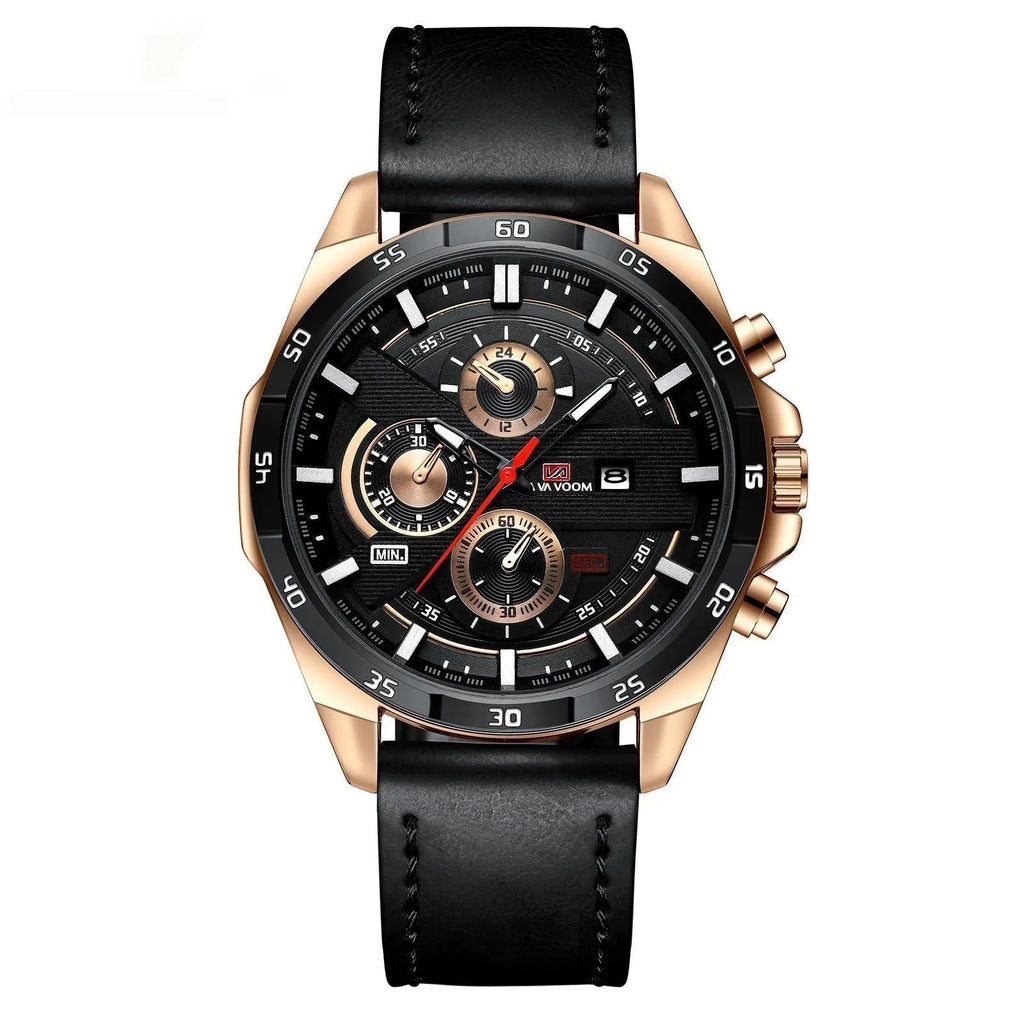 Men's slim black and rose gold casual watch with date window on dial, showing 10mm side profile.