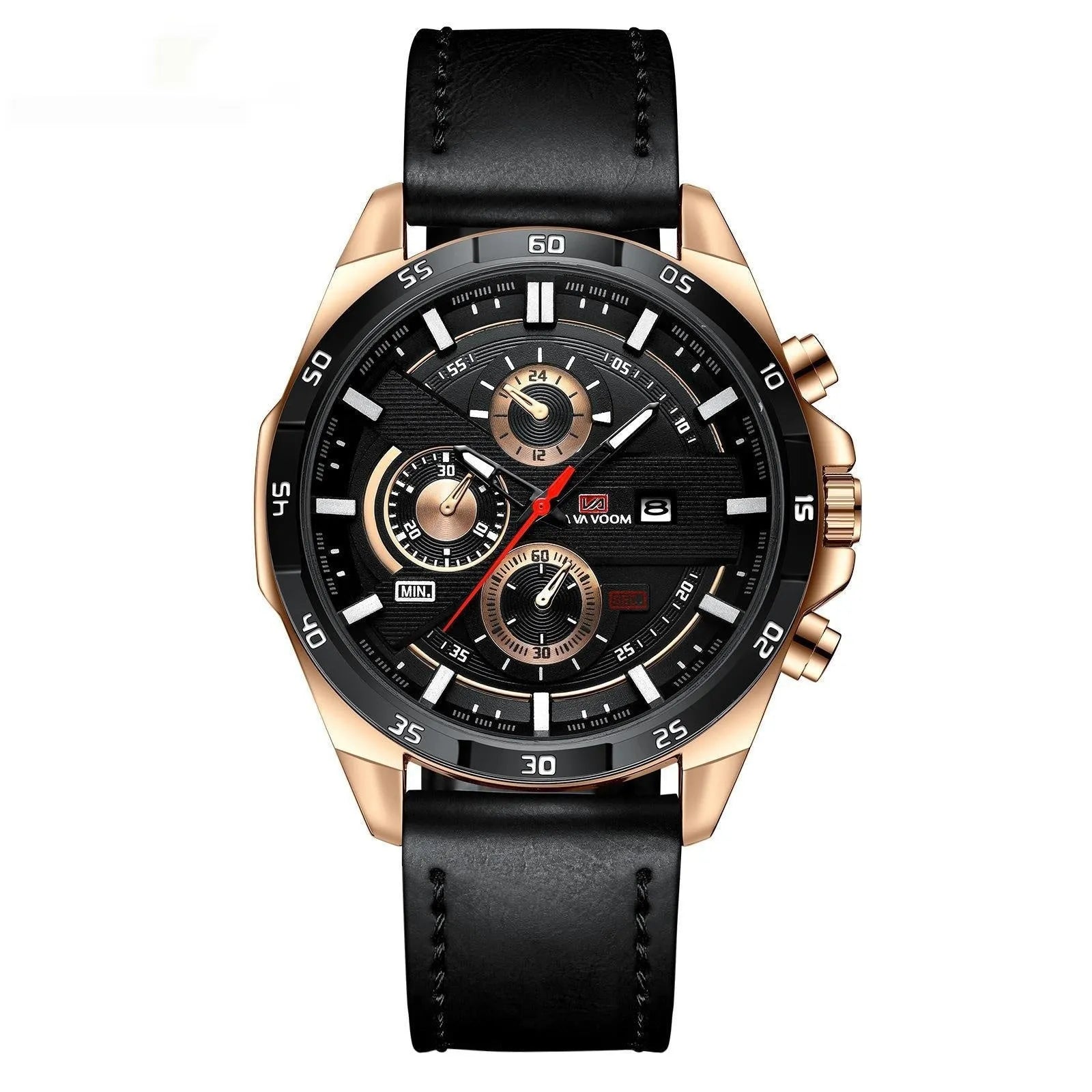 Men's slim black and rose gold casual watch with date window on dial, showing 10mm side profile.