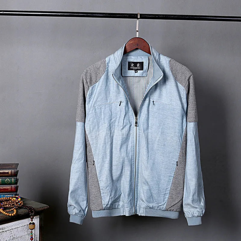 Men's thin linen jacket in cotton fabric showing regular fit with heather grey, grass green and blue colour options