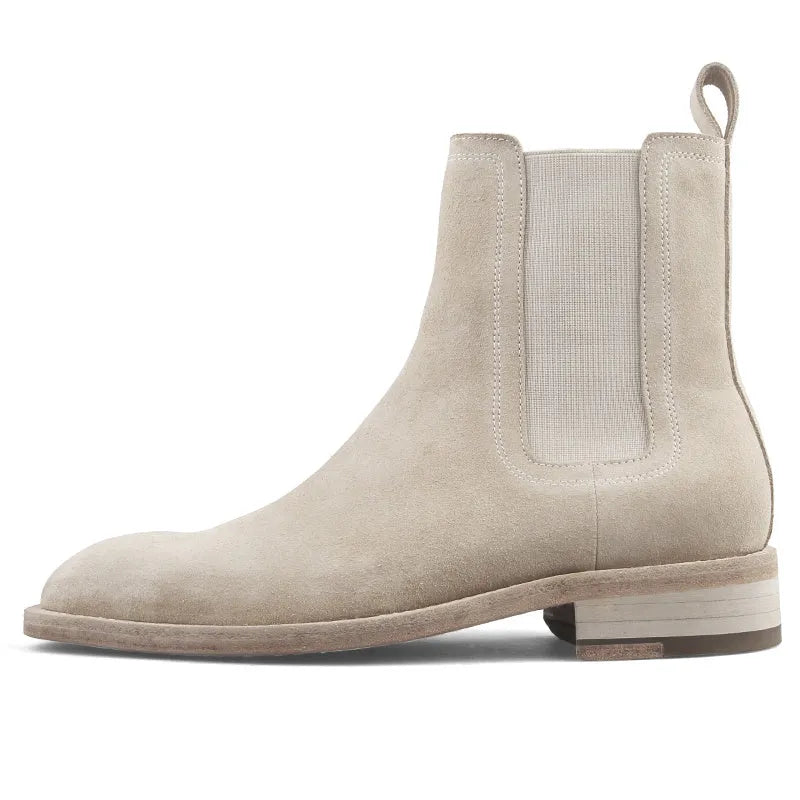 Handmade men's genuine cow suede retro boots with round toe and medium tube height