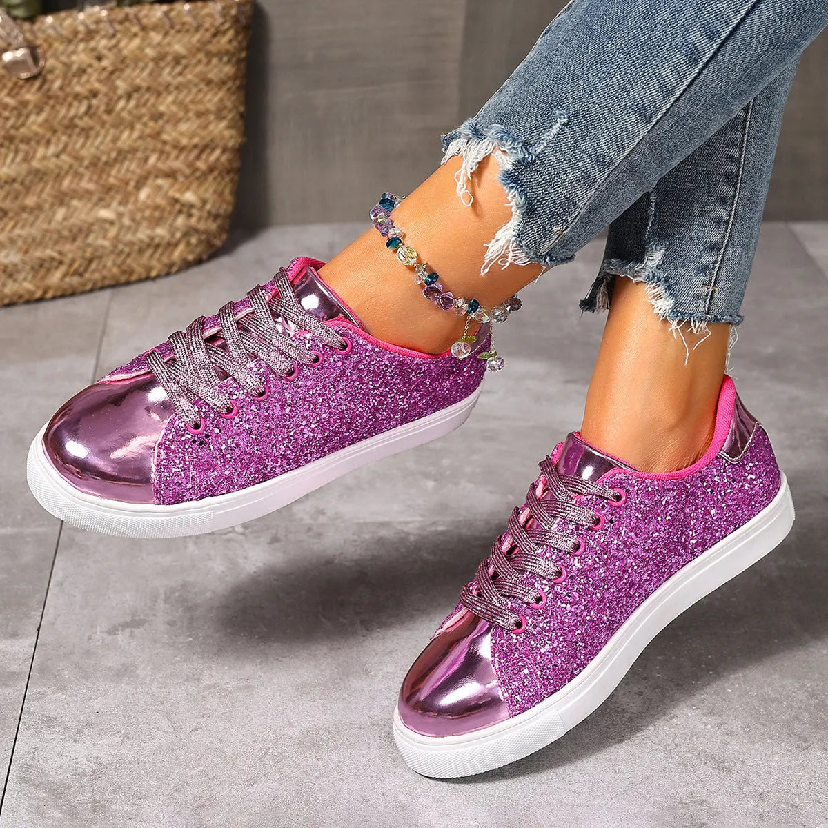 Women's plus size sequined lace-up board shoes in black, available in sizes 36 to 43