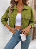 Women's loose-fit retro artistic button jacket in polyester, shown in one of six available colours.