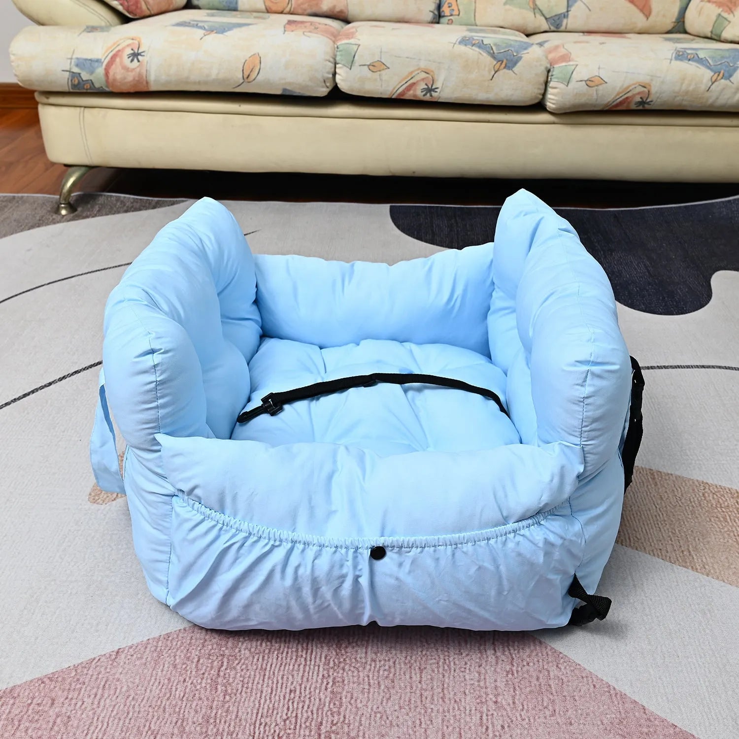 Portable cloth car kennel for dogs in light blue colour with net pocket design