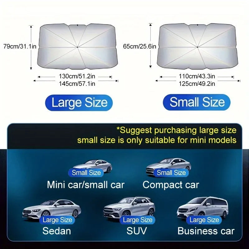 Foldable car windscreen sunshade umbrella open on a vehicle windscreen