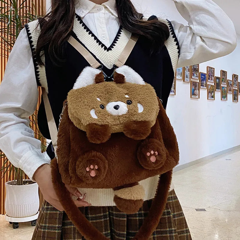 Brown coati plush backpack with polyester lining, 26cm high, 27cm wide and 10cm thick, cartoon soft bag