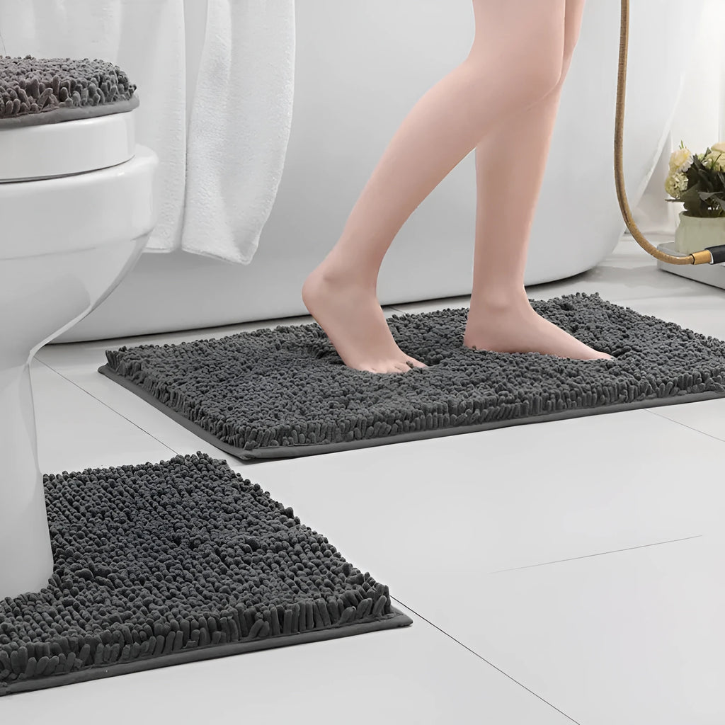 Chenille long hair three-piece bathroom carpet set with U-shaped mat in sage green.