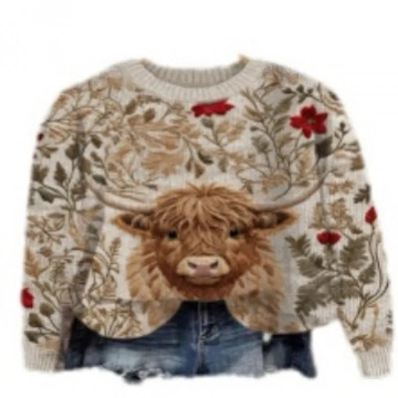 A round neck sweater with a colourful digital floral print, shown on a hanger.